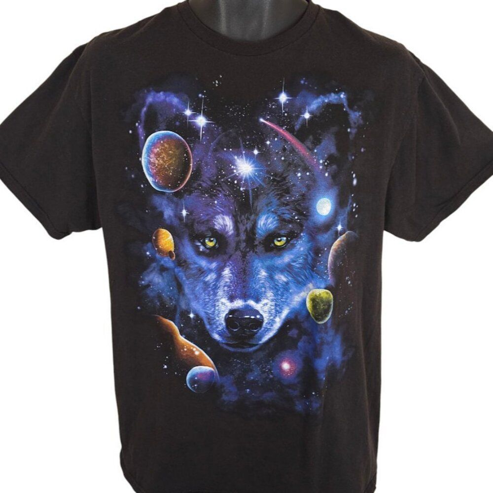 Space Wolf T Shirt Mens Size Large Black Outer Space Universe Planets Nature Tee - Picture 2 of 6